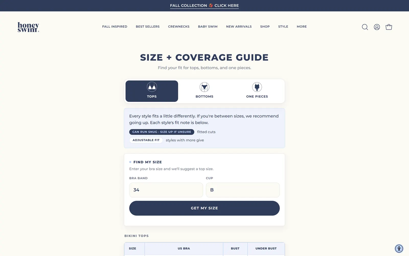 Honey Swim size and coverage guide with tops, bottoms and one-pieces tabs