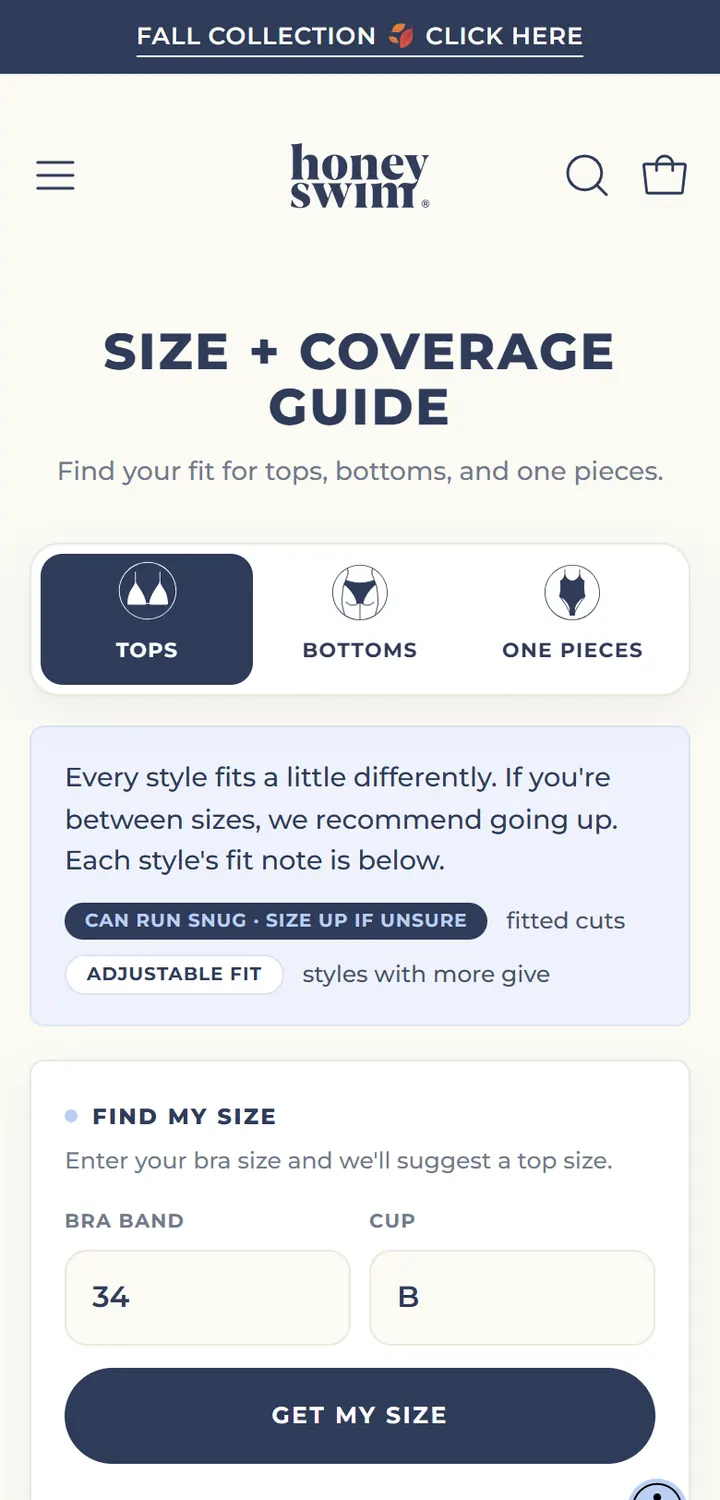 The Honey Swim size guide on a phone