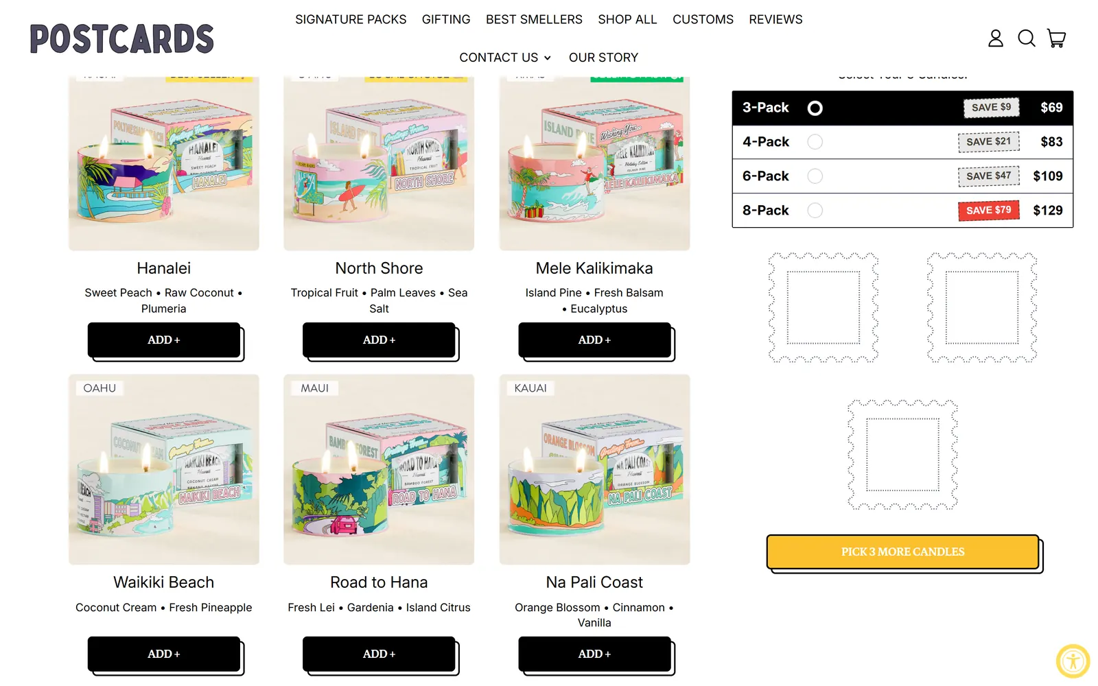 Postcards build-a-bundle page with 3 to 8-pack tiers and a candle grid