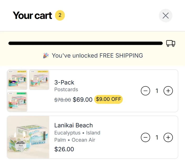 Postcards cart drawer: a 3-pack bundle shown with its three candles and $9 off, next to a single candle, with a free-shipping bar and discount code field