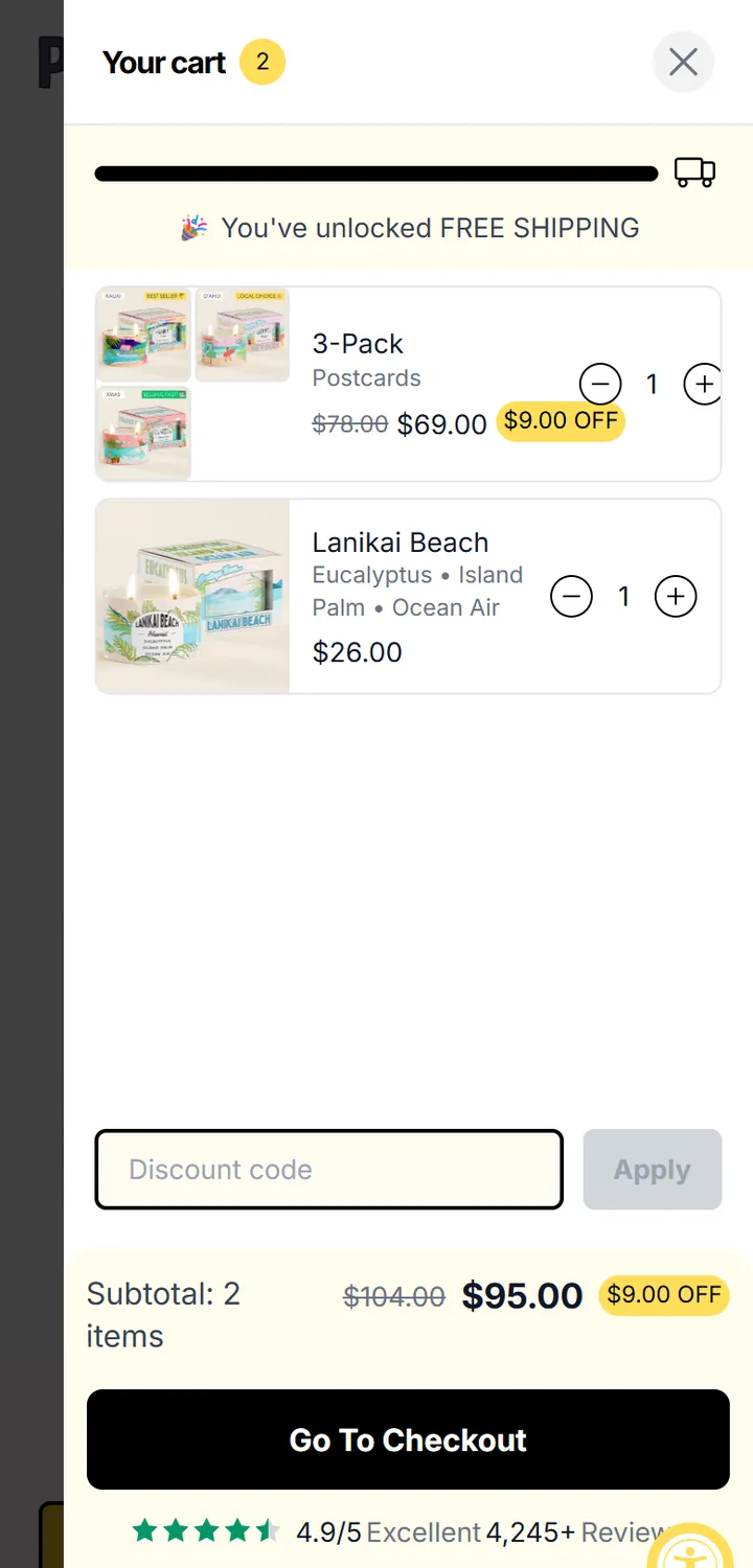 The Postcards cart drawer on a phone